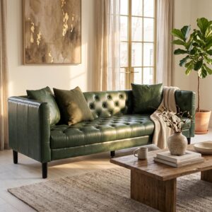 Garvee 81'' Leather Couch for Living Room,Chesterfield Couch, Green | Mid Century PU Leather Sofa with Plush Backrest & Deep Seat, Chesterfield 3 Seat Couch, Simple Assembly - Image 1