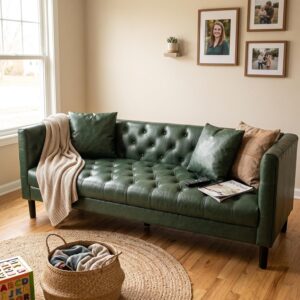 Garvee 81'' Leather Couch for Living Room,Chesterfield Couch, Green | Mid Century PU Leather Sofa with Plush Backrest & Deep Seat, Chesterfield 3 Seat Couch, Simple Assembly - Image 3