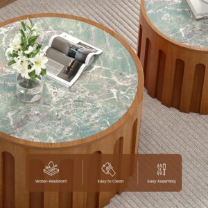 Round Nesting Coffee Table Set of 2 for Living Room, Green | Sintered Stone Top Fluted Wood Cocktail Table Set, Space Saving Stackable Accent Tables with Anti-Slip Feet - Image 2