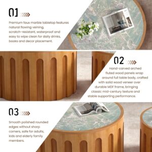 Round Nesting Coffee Table Set of 2 for Living Room, Green | Sintered Stone Top Fluted Wood Cocktail Table Set, Space Saving Stackable Accent Tables with Anti-Slip Feet - Image 3