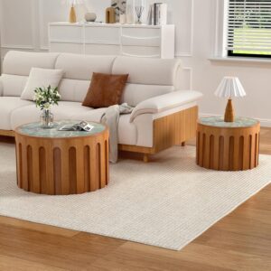 Round Nesting Coffee Table Set of 2 for Living Room, Green | Sintered Stone Top Fluted Wood Cocktail Table Set, Space Saving Stackable Accent Tables with Anti-Slip Feet - Image 4