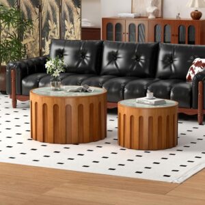 Round Nesting Coffee Table Set of 2 for Living Room, Green | Sintered Stone Top Fluted Wood Cocktail Table Set, Space Saving Stackable Accent Tables with Anti-Slip Feet - Image 5