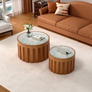 Round Nesting Coffee Table Set of 2 for Living Room, Green | Sintered Stone Top Fluted Wood Cocktail Table Set, Space Saving Stackable Accent Tables with Anti-Slip Feet - Image 6