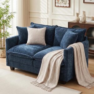 Loveseat Sofa Couch, Small Mini Compact 50" Love Seat 27" Deep Cloud Sofa Seat Washable Chenille Pillow for Apartment Bedroom Dorm Attic Studio Office Living Room Small Space 50-Blue - Image 1