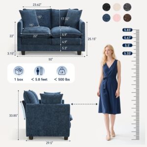 Loveseat Sofa Couch, Small Mini Compact 50" Love Seat 27" Deep Cloud Sofa Seat Washable Chenille Pillow for Apartment Bedroom Dorm Attic Studio Office Living Room Small Space 50-Blue - Image 2
