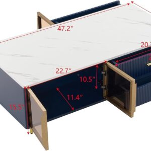 Modern Navy Blue Coffee Table with 2 Glass Door Storage, 4 Drawers, Gold Metal Legs, and Multi-Color Lighting in 47.2'' - Image 2