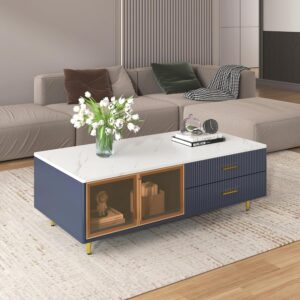 Modern Navy Blue Coffee Table with 2 Glass Door Storage, 4 Drawers, Gold Metal Legs, and Multi-Color Lighting in 47.2'' - Image 3