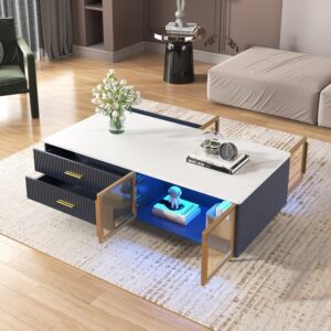 Modern Navy Blue Coffee Table with 2 Glass Door Storage, 4 Drawers, Gold Metal Legs, and Multi-Color Lighting in 47.2'' - Image 4