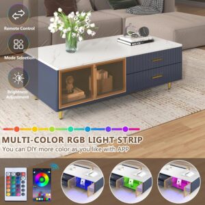 Modern Navy Blue Coffee Table with 2 Glass Door Storage, 4 Drawers, Gold Metal Legs, and Multi-Color Lighting in 47.2'' - Image 5