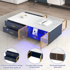 Modern Navy Blue Coffee Table with 2 Glass Door Storage, 4 Drawers, Gold Metal Legs, and Multi-Color Lighting in 47.2'' - Image 6