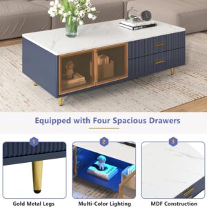 Modern Navy Blue Coffee Table with 2 Glass Door Storage, 4 Drawers, Gold Metal Legs, and Multi-Color Lighting in 47.2'' - Image 7