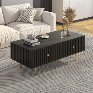 HedoAjim Modern Coffee Table with Storage with 2 Big Drawers, Black Rectangle Coffee Table for Living Room, Wooden Fluted Table Accent Tea Table for Living Room Apartment Small Space - Image 1