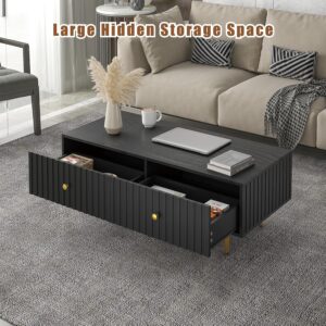 HedoAjim Modern Coffee Table with Storage with 2 Big Drawers, Black Rectangle Coffee Table for Living Room, Wooden Fluted Table Accent Tea Table for Living Room Apartment Small Space - Image 2