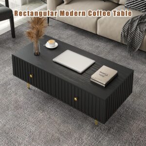 HedoAjim Modern Coffee Table with Storage with 2 Big Drawers, Black Rectangle Coffee Table for Living Room, Wooden Fluted Table Accent Tea Table for Living Room Apartment Small Space - Image 5