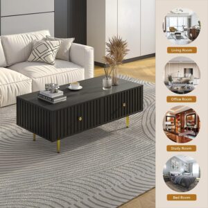 HedoAjim Modern Coffee Table with Storage with 2 Big Drawers, Black Rectangle Coffee Table for Living Room, Wooden Fluted Table Accent Tea Table for Living Room Apartment Small Space - Image 6