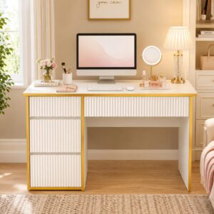 4 EVER WINNER 47-Inch Fluted Computer Desk with 4 Drawers, White and Gold | Compact Home Office Desk with 4 Storage Drawers, Including a Deep File Drawer, White and Gold Desk for Bedroom, Small Spaces - Image 2