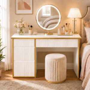 4 EVER WINNER 47-Inch Fluted Computer Desk with 4 Drawers, White and Gold | Compact Home Office Desk with 4 Storage Drawers, Including a Deep File Drawer, White and Gold Desk for Bedroom, Small Spaces - Image 3