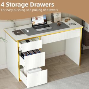 4 EVER WINNER 47-Inch Fluted Computer Desk with 4 Drawers, White and Gold | Compact Home Office Desk with 4 Storage Drawers, Including a Deep File Drawer, White and Gold Desk for Bedroom, Small Spaces - Image 7