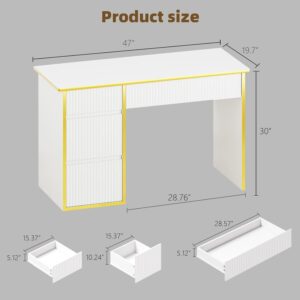 4 EVER WINNER 47-Inch Fluted Computer Desk with 4 Drawers, White and Gold | Compact Home Office Desk with 4 Storage Drawers, Including a Deep File Drawer, White and Gold Desk for Bedroom, Small Spaces - Image 8