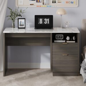 MaverickFurni Office Desk with Drawers, 47 Inch Computer Desk with 2 Storage Drawers, Fluted Writing Desk with Gold-Tone Handles for Bedroom, Faux Marble, Gray - Image 2