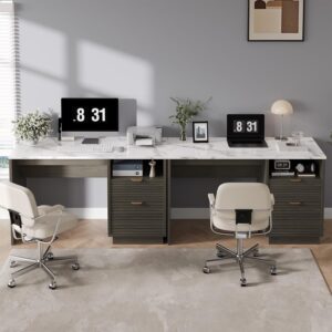 MaverickFurni Office Desk with Drawers, 47 Inch Computer Desk with 2 Storage Drawers, Fluted Writing Desk with Gold-Tone Handles for Bedroom, Faux Marble, Gray - Image 4