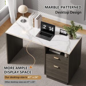 MaverickFurni Office Desk with Drawers, 47 Inch Computer Desk with 2 Storage Drawers, Fluted Writing Desk with Gold-Tone Handles for Bedroom, Faux Marble, Gray - Image 5