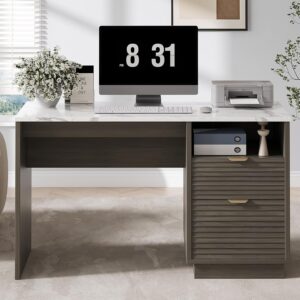 MaverickFurni Office Desk with Drawers, 47 Inch Computer Desk with 2 Storage Drawers, Fluted Writing Desk with Gold-Tone Handles for Bedroom, Faux Marble, Gray - Image 7