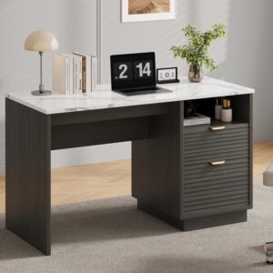 MaverickFurni Office Desk with Drawers, 47 Inch Computer Desk with 2 Storage Drawers, Fluted Writing Desk with Gold-Tone Handles for Bedroom, Faux Marble, Gray - Image 8