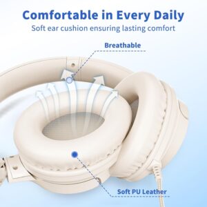 Wired Headphones with Microphone for School, 3.5mm Corded Headphones, Beige | Wired Over Ear Foldable Plug in Headphones, 4.9ft Tangle-Free Nylon Cord for School, Tablet, Laptop, MP3/4, Airplane Travel - Image 5