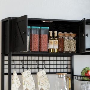 IRONCK Bakers Rack with Cabinet and Power Outlet, Coffee Bar, Vintage Black | 45.3 Inch Kitchen Microwave Stand with 2 Storage Cabinets, Open Shelves, and Hooks. P2 MDF. Anti-tip. - Image 4