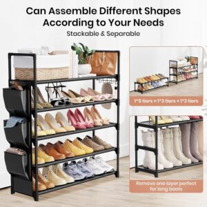 VILICK 5 Tier Shoe Rack with Hook and Side Pocket,Shoe Organizer Space Saver Storage for 20-25 Pair Shoe Storage Shelf Sturdy Free Standing Long Shoe Rack Organizer for Closet,Entryway,Small Spaces - Image 5