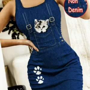 Women’s Spring and Summer Casual Home Wear, Tailored Waistcoat with Sleep Dress, Faux Denim, cartoon Cat Print, Sleeveless Sleep - Image 2