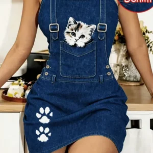 Women’s Spring and Summer Casual Home Wear, Tailored Waistcoat with Sleep Dress, Faux Denim, cartoon Cat Print, Sleeveless Sleep - Image 3