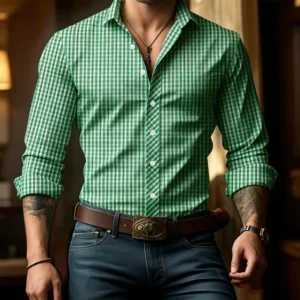 Men's Plaid Print Long Sleeve Shirt Casual Button Down Business Tops - Image 2