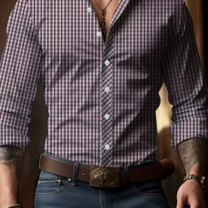 Men's Plaid Print Long Sleeve Shirt Casual Button Down Business Tops - Image 3