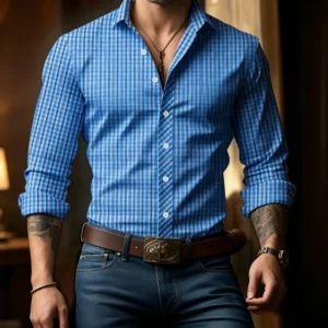 Men's Plaid Print Long Sleeve Shirt Casual Button Down Business Tops - Image 5