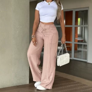 High Waist Solid Color Wide Leg Pants Autumn Chic Loose Elegant Lace-up Long Pant Office Ladies Straight Holiday Women Trousers - Image 2