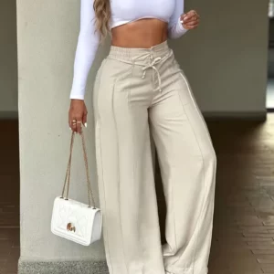 High Waist Solid Color Wide Leg Pants Autumn Chic Loose Elegant Lace-up Long Pant Office Ladies Straight Holiday Women Trousers - Image 4