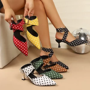 Ladies Cross-Band High Heels Sandals Thin Heel Summer New Polka Dot Slip-On Buckle Strap Elegant Footwear for Women - Image 1
