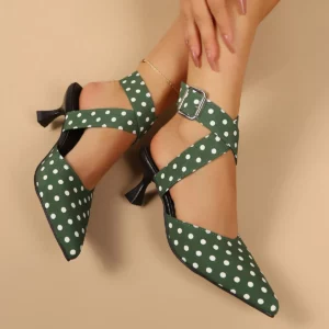 Ladies Cross-Band High Heels Sandals Thin Heel Summer New Polka Dot Slip-On Buckle Strap Elegant Footwear for Women - Image 2