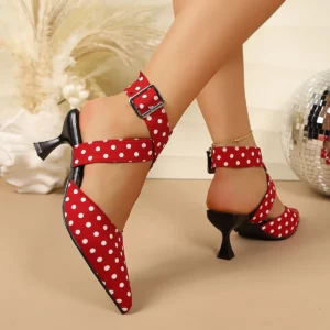 Ladies Cross-Band High Heels Sandals Thin Heel Summer New Polka Dot Slip-On Buckle Strap Elegant Footwear for Women - Image 6