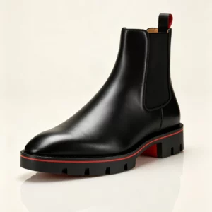 Mens Pull On Black Smooth Calf Leather Chelsea Ankle Boots Lug Sole Elastic Side Grosgrain Trim Casual Ankle Boots - Image 3
