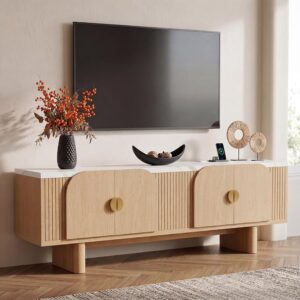 Faux Marble TV Stand for 65 TV, Natural 63" Modern Entertainment Center, Fluted Doors, Adjustable Shelves & Storage, Low Profile Media Stand For Living Room - Image 2