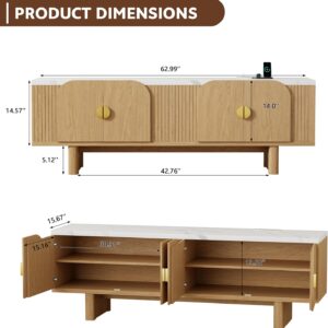 Faux Marble TV Stand for 65 TV, Natural 63" Modern Entertainment Center, Fluted Doors, Adjustable Shelves & Storage, Low Profile Media Stand For Living Room - Image 3