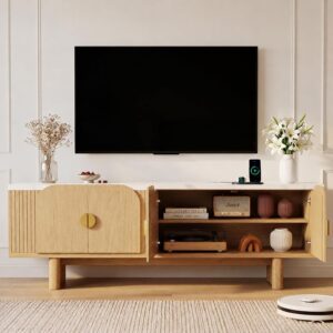 Faux Marble TV Stand for 65 TV, Natural 63" Modern Entertainment Center, Fluted Doors, Adjustable Shelves & Storage, Low Profile Media Stand For Living Room - Image 5