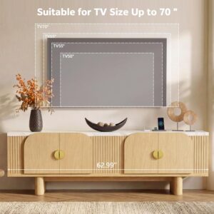 Faux Marble TV Stand for 65 TV, Natural 63" Modern Entertainment Center, Fluted Doors, Adjustable Shelves & Storage, Low Profile Media Stand For Living Room - Image 6