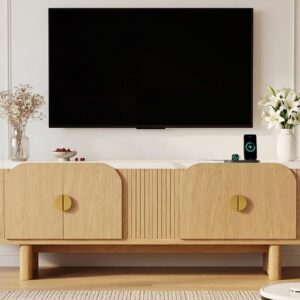 Faux Marble TV Stand for 65 TV, Natural 63" Modern Entertainment Center, Fluted Doors, Adjustable Shelves & Storage, Low Profile Media Stand For Living Room - Image 8