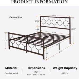 SHA CERLIN Queen Size Metal Bed Frame with Vintage Circular Design Headboard and Footboard,No Box Spring Required,Easy Assembly,Noise-Free,Brown - Image 8