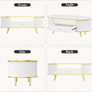 47" Fluted Coffee Table with LED Lights & Storage - Luxury Modern Oval Center Table for Living Room, Coffe Tables with Drawers, Curved Profile Design, Gold Metal Decor, White - Image 2