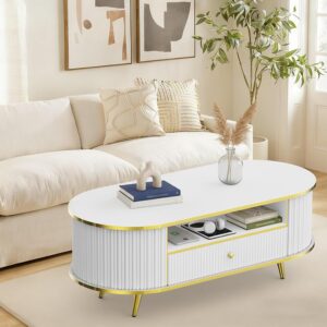 47" Fluted Coffee Table with LED Lights & Storage - Luxury Modern Oval Center Table for Living Room, Coffe Tables with Drawers, Curved Profile Design, Gold Metal Decor, White - Image 3
